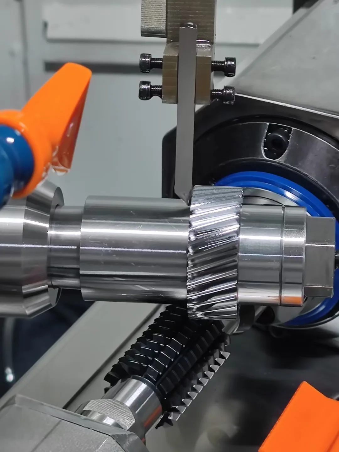 CNC gear hobbing machining close-up
